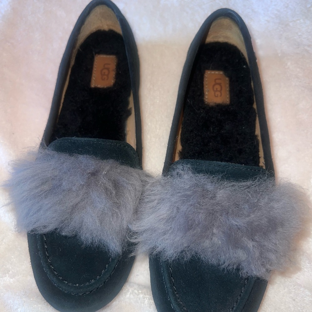 UGG Black and Gray Cozy Slippers with Fur Trim